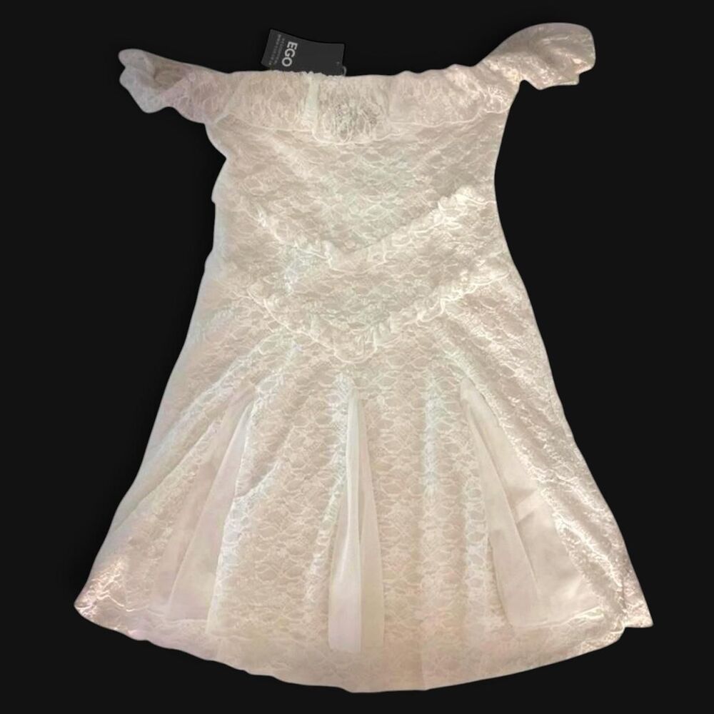 NWT EGO white lace Bardot ruffle dress